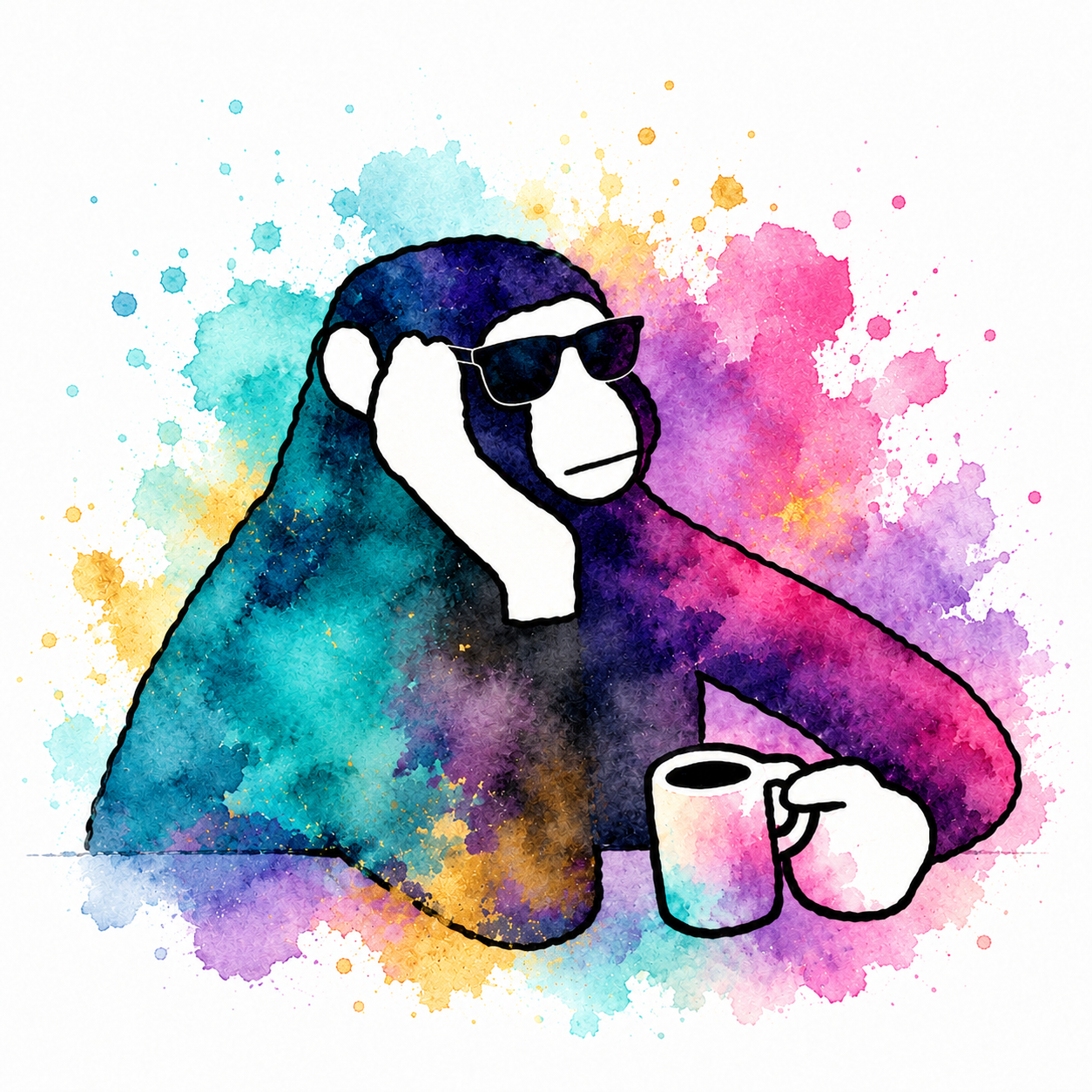 Watercolor ape mascot wearing sunglasses and holding a coffee mug