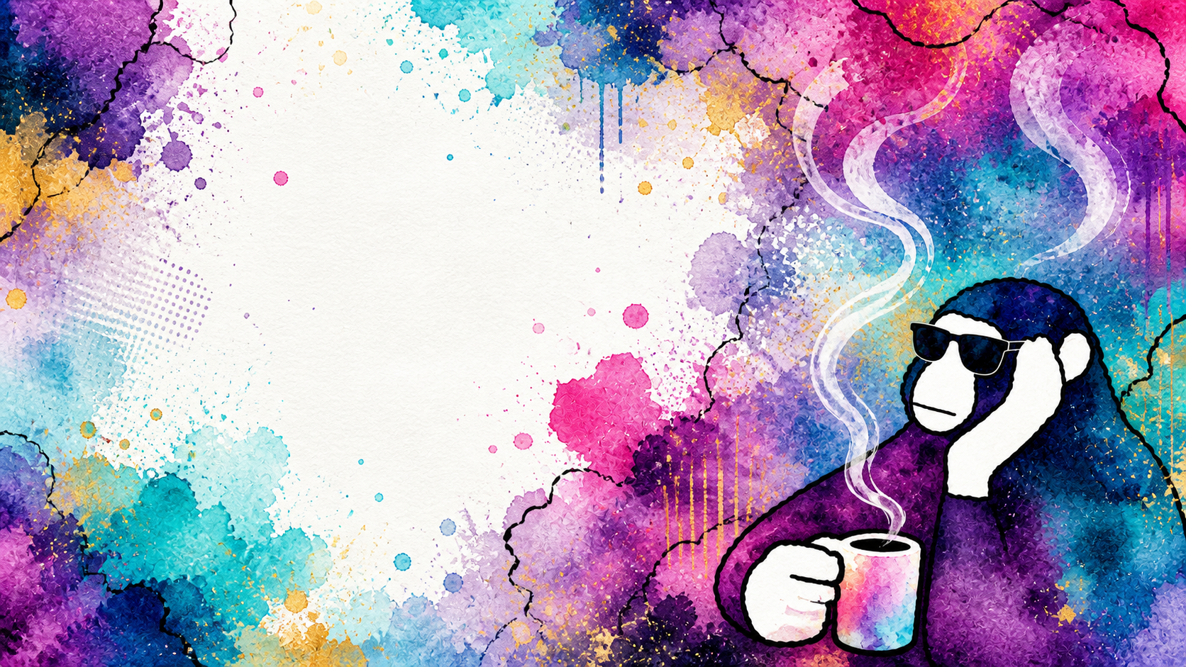 Wide watercolor background with MUG APE colors and paint splashes